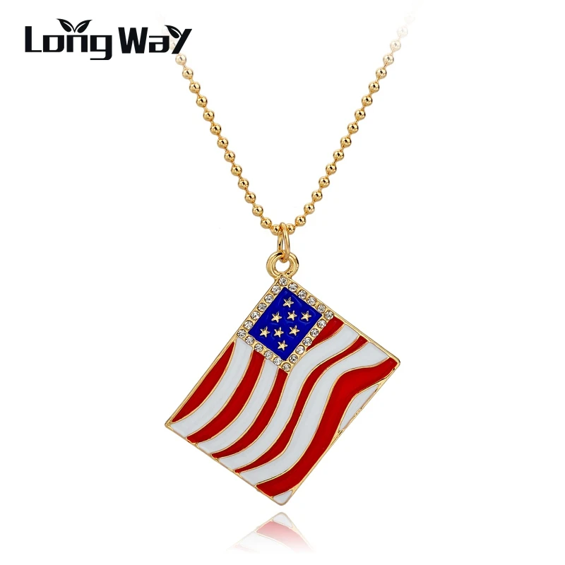LongWay Vintage Jewelry Gold Color Fashion Crystal Us Flag Long Necklace Sweater Beads Chain Necklaces &amp Pendants Sne150871 | Украшения