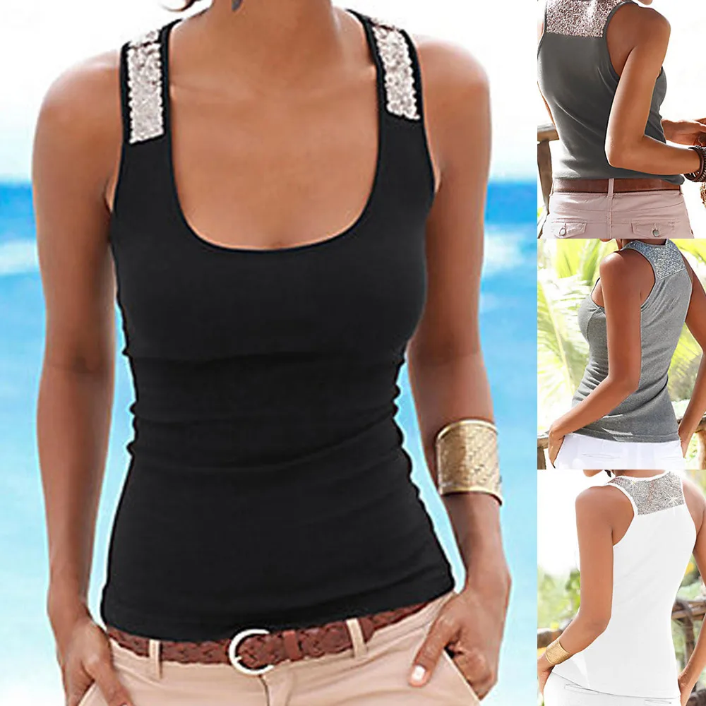 

Women Plus Size Sleeveless Sequin Vest modis Tops Summer beach Ladies daily Casual Blouse T Shirt poleras mujer 2019 new#sw