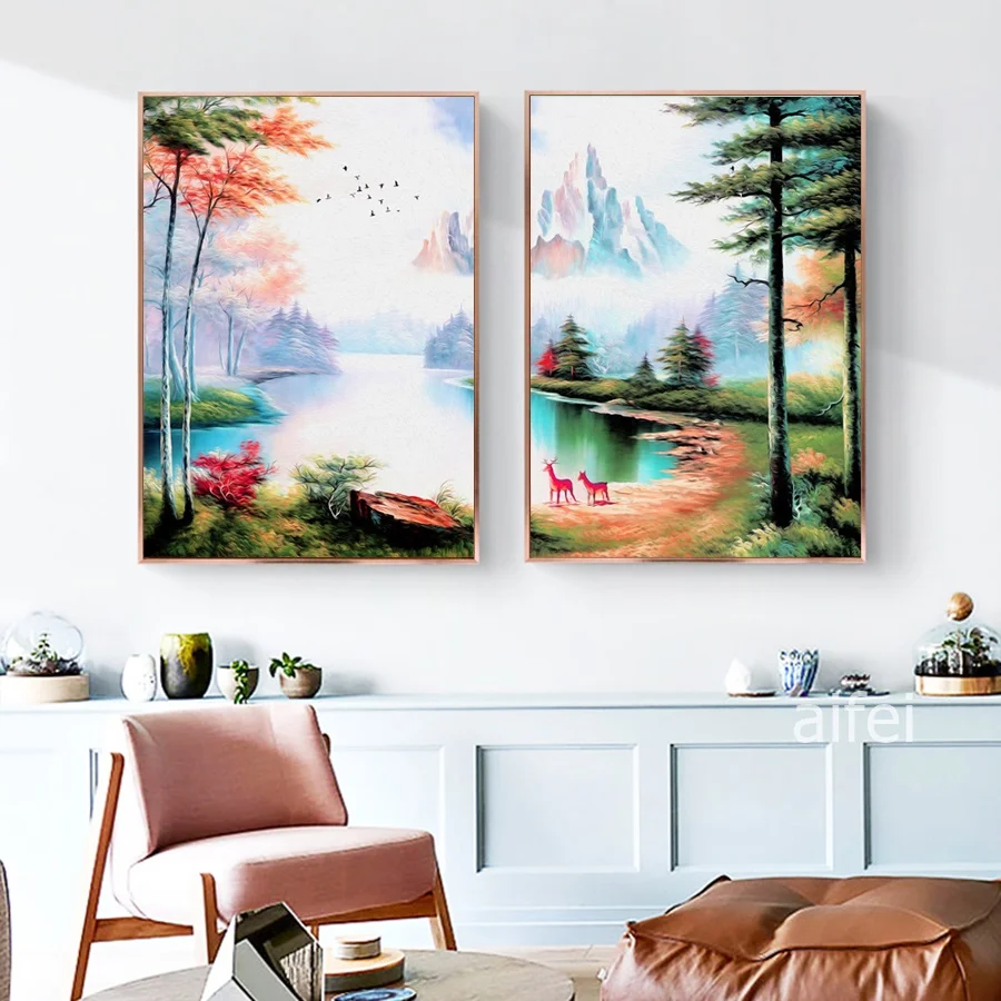 Nordic Poster Retro Abstract Mountain Landscape Oil Canvas Painting Lake Forest Wall Art Picture For Living Room Home Decoration