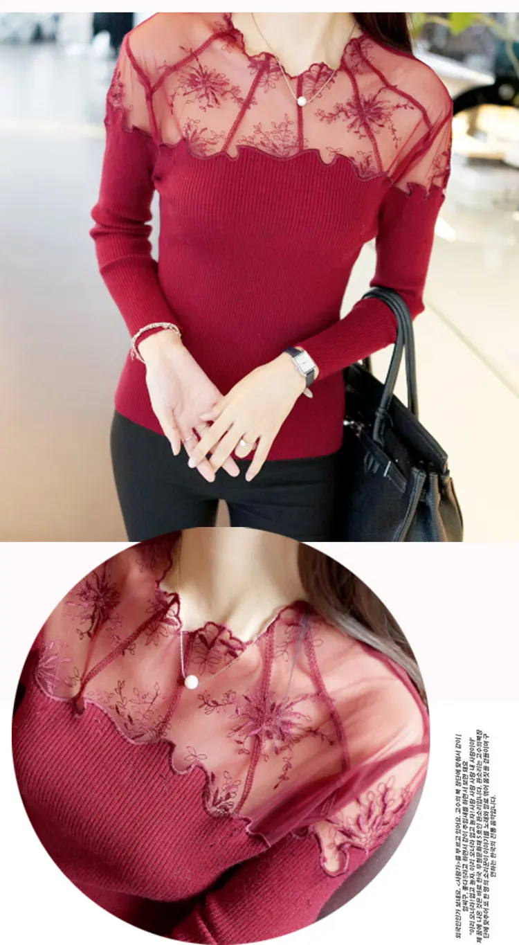 Sexy Slim Pullovers Female 2019 New Long Sleeve Gauze Lace Stitching Sweater Women Fashion Knitted Sweater Sueter Mujer (6)
