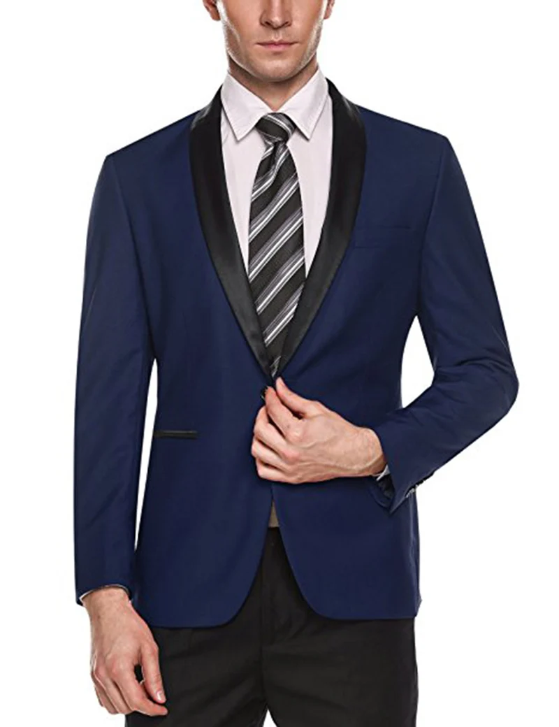Для мужчин s Синий Формальные Бизнес костюм из 2 предметов Жених Смокинги Slim Fit шаль нагрудные Свадебный Мужской костюм одна кнопка куртка