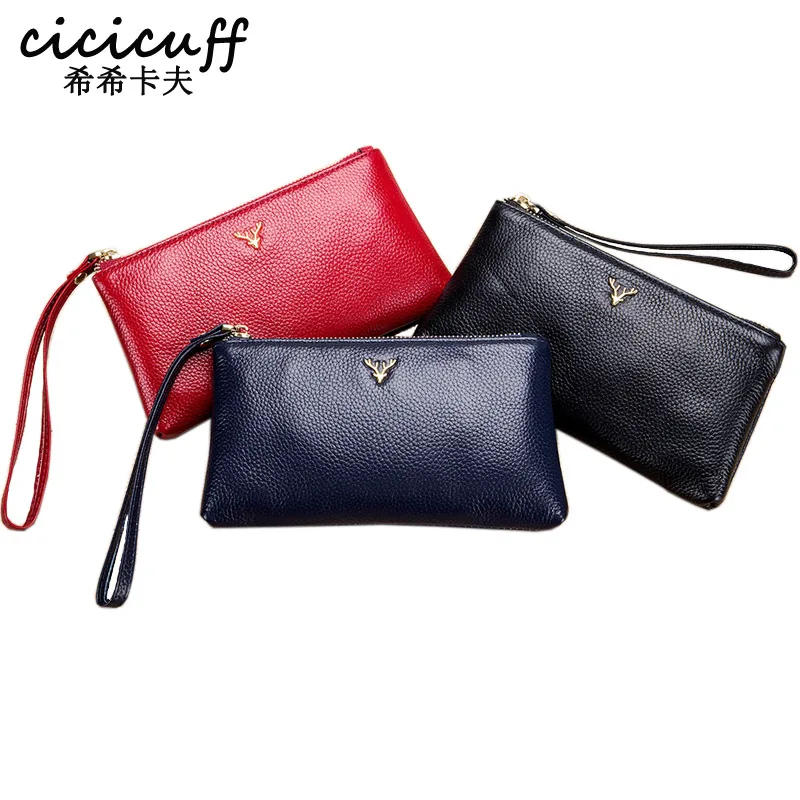 

2019 New Zipper Clutch Bag Wallet Genuine Leather Mobile Phone Bag Elk Decoration Women Wrisltlet Bag Day Clutch Female
