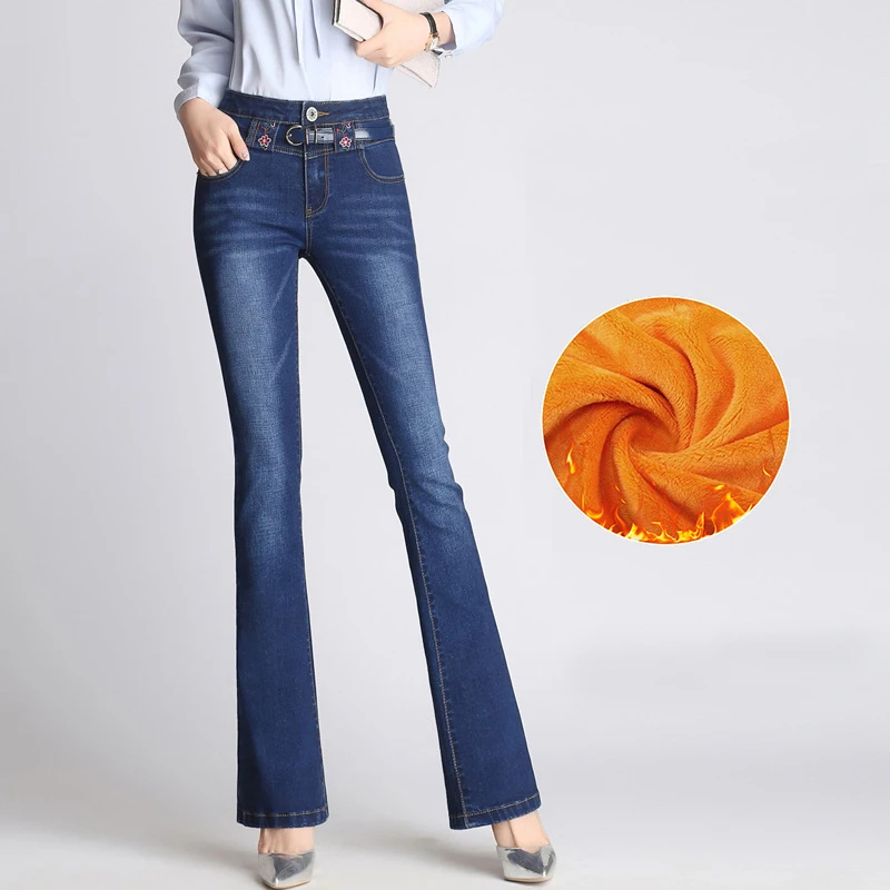 

2019 Womens Stretch Thicken Plus Size Flared Jeans With Hot Lining Velvet Winter Embroidery High Waist Slim Warm Jeans S 5XL