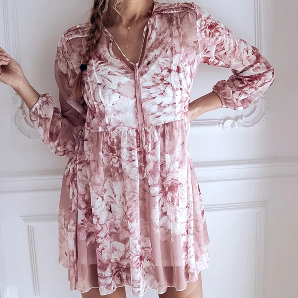 

FeiTong Women Summer Flowers Print Chiffon Long Sleeve Loose Casual Short Mini Dress Ladies shirt femme 2019 Camiseta Mujer
