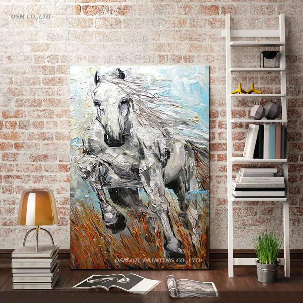 US $40.00 Professional Artist Design and Handmade High Quality Abstract Running Horse Oil Painting on Canvas White Horse Canvas Painting