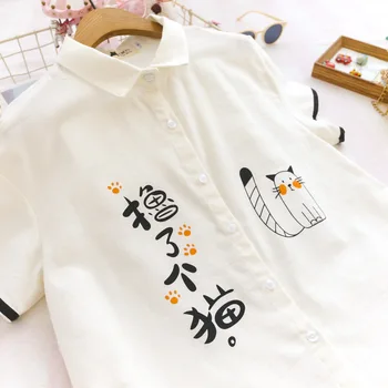 Summer Japanese Cute Fashion Linen Shirt Women School Style Funny Cat Tops Kawaii Printed Button Up Short Sleeve Girl Blouses 4