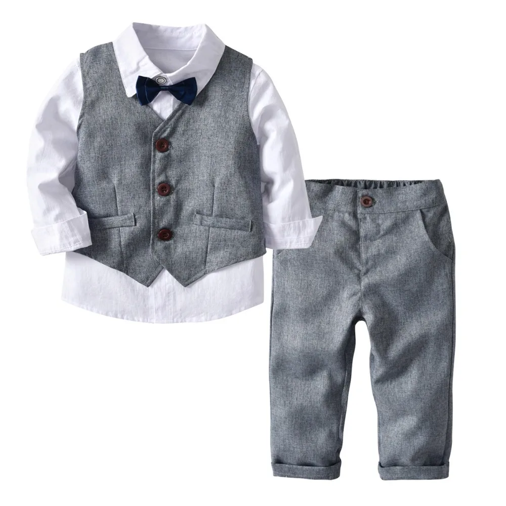 Для маленьких мальчиков джентльменский комплект одежды детская форма одежды для школы на день рождения костюмы Длинные рукава жилет рубашка Хлопковые Штаны в полоску 3 шт