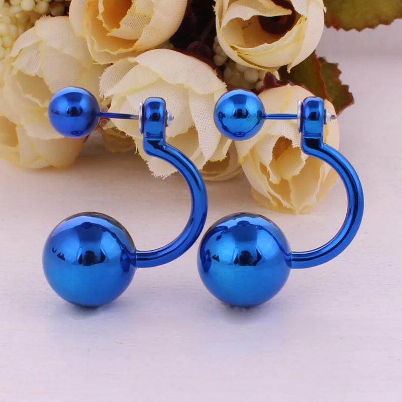 11 цветов, модные уникальные геометрические серьги из двух шариков, модные двухсторонние УФ блестящие жемчужные серьги-гвоздики для женщин - Окраска металла: Royal Blue