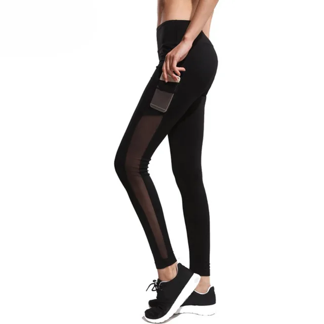 Yoga Pants Women Phone Pockets Running Tights Mesh Patchwork Yoga