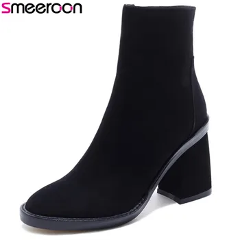 

Smeeroon 2020 spring autumn fashion boots women high heels ankle boots zip high quality cow suede leather boots black
