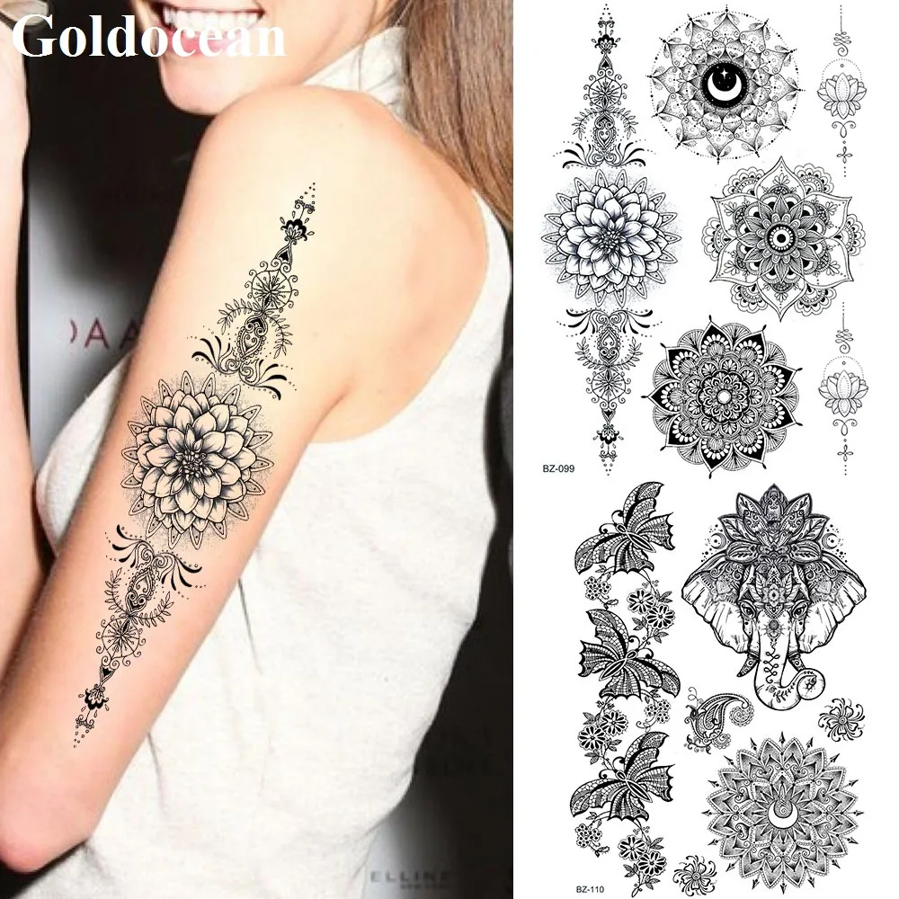 Black India Ganesha Elephant Temporary Tattoos For Adult Women Girls Mandala Henna Flower Mehndi Stickers Wedding | Красота и