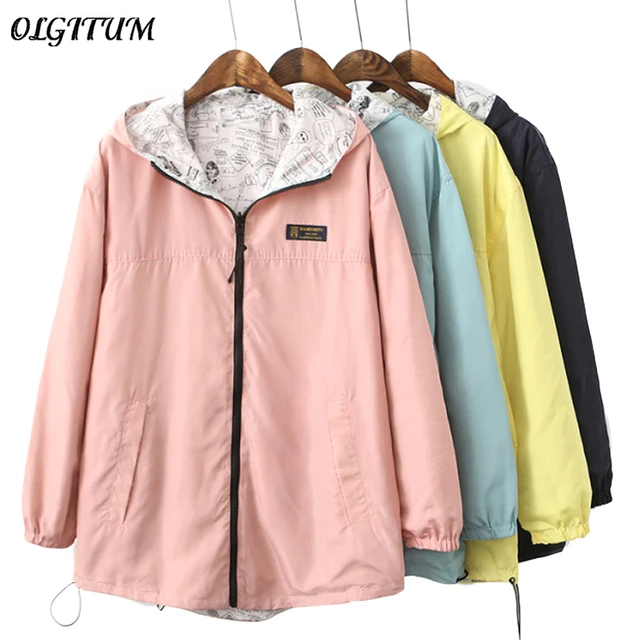 US $9.86 2019 Spring Fashion women Bomber women Jacket Pocket Zipper hooded two side wear Cartoon print outw