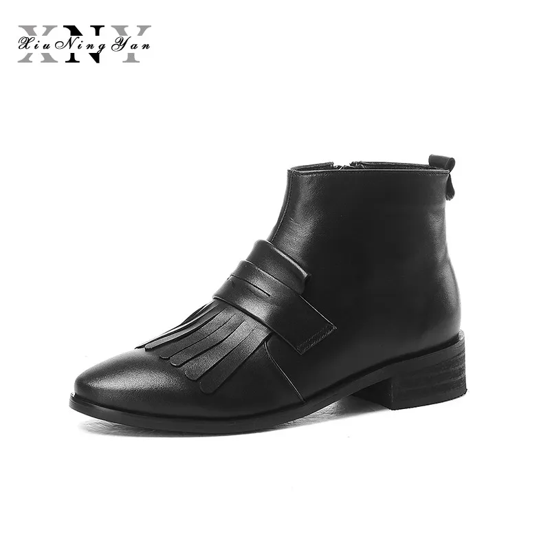 

Xiuningyan Women Ankle Boots Med Heel Fringe Genuine Leather Round Toe Penny Boots Females Shoes Woman Martin Boots