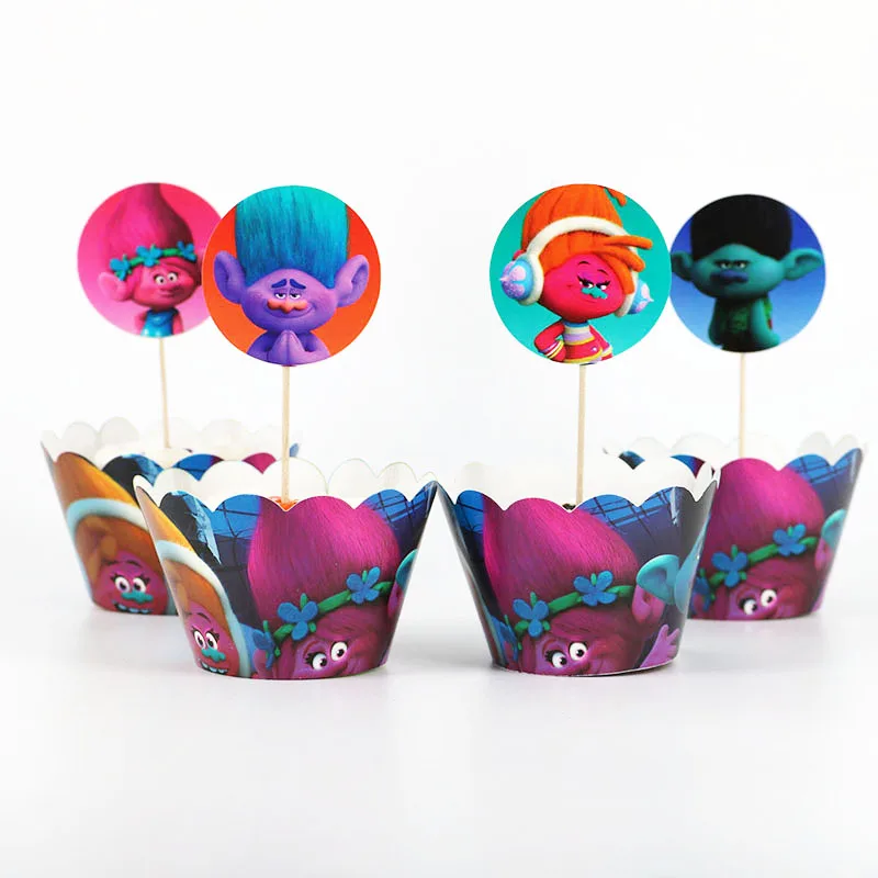 

24pcs/lot Trolls Cupcake Wrappers Topper Kids Birthday Party Decoration Cake Decorating Supplies(12 wraps+12 topper)