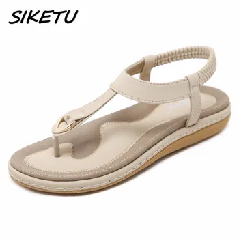 

SIKETU Women Ethnic Bohemia Flat Sandals Shoes Woman Buckle Flip Flop Beach Sandals Casual Soft Shoes size 35-42 Apricot Black