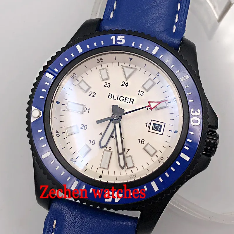 

44mm Bliger automatic watch white dial glowing sliver 316L case glass blue band for men in polished blacke ceramics men's watch