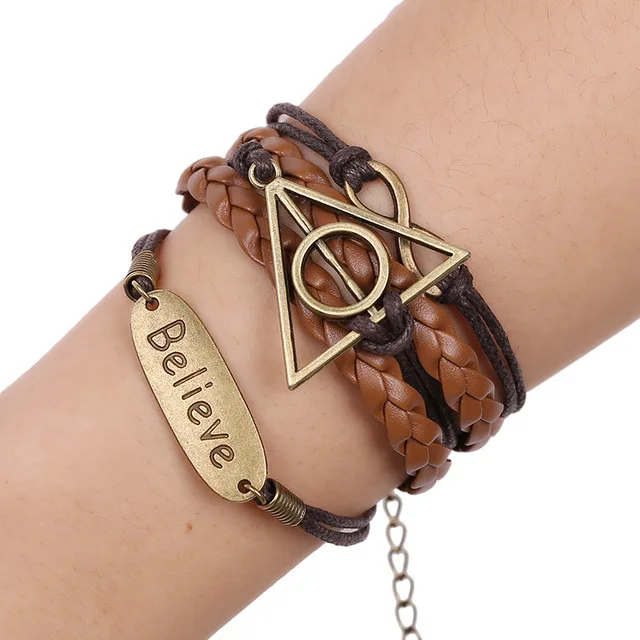 

Anime harri Death Hallows Potter Action Figure Retro Leather Cord Bracelet golden snitch Wings owl Triangle Multilayer Bracelet