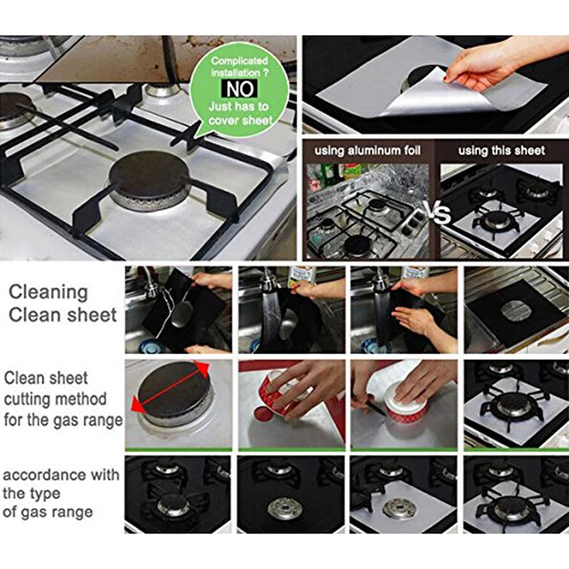 Honana 4PCS Kitchen Reusable Aluminum Foil Gas Stove Burner Cover Protector Liner Clean Mat Pad