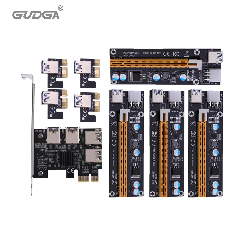 

4 Port USB3.0 Riser Card Gold PCI-E 1 to 4 PCI Express 16X Slot External Adapter PCIe Multiplier Card+ 4pcs 6pin molex riser set