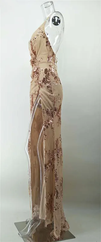 HAMBELELA Women Maxi Dresses Sequin Split Long Dress Backless Evening Party Bandage Dress Side Slit V Neck Dress Vestidos Robe (2)