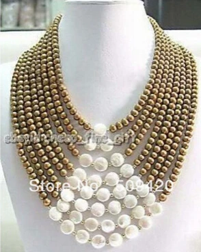 

Free shipping >>@ +>6-7MM Chocolate FW Pearl & Coin Pearl 8 Rows Necklace