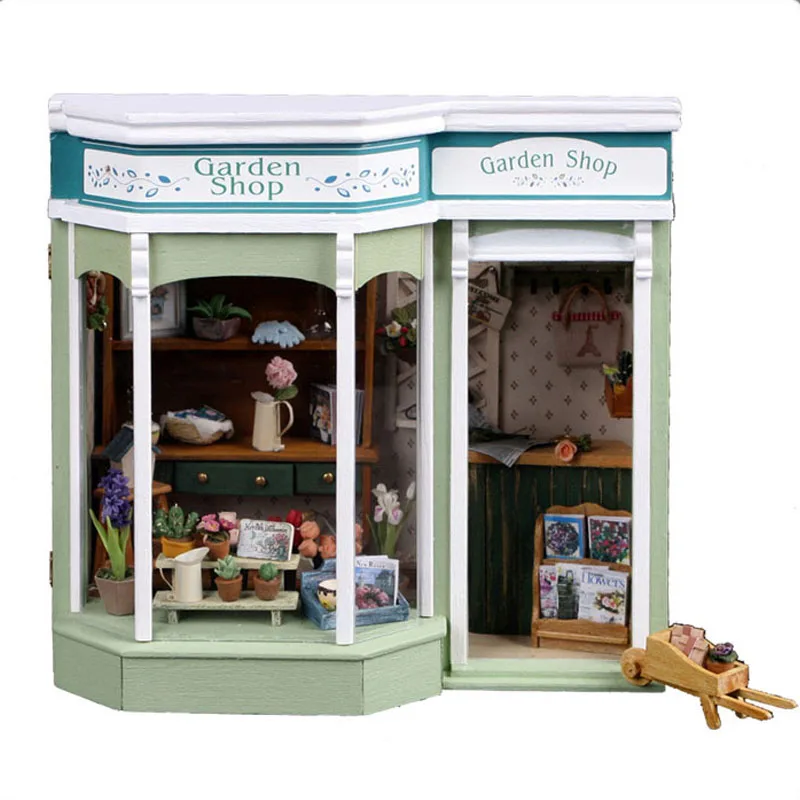 DIY Doll Houses Furniture LED Lights Wooden Dollhouse Handmade Miniature Flower Shop Model For Children Christmas Birthday Gift