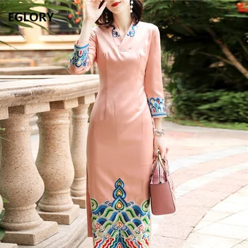 

XXXL!Top Qulaity Brand Chinese Dress 2018 Autumn Winter Fashion Party Qipao Dress Women Luxurious Embroidery Bodycon Dress Long