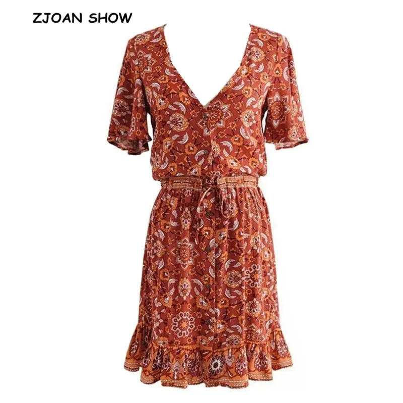 

2019 Bohemian V neck Orange Floral Print Dress Ethnic Woman Short Sleeve Ruffle Single-breasted Button Short Dresses Beach