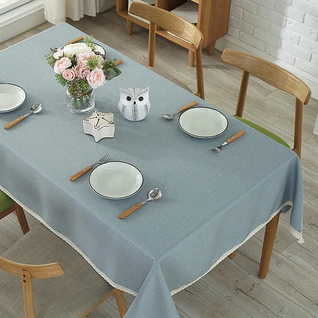 Solid Color Decorative Tablecloth Imitation Linen Lace Table Cloth Dining Table Cover Home Decoration - Цвет: Gray-blue