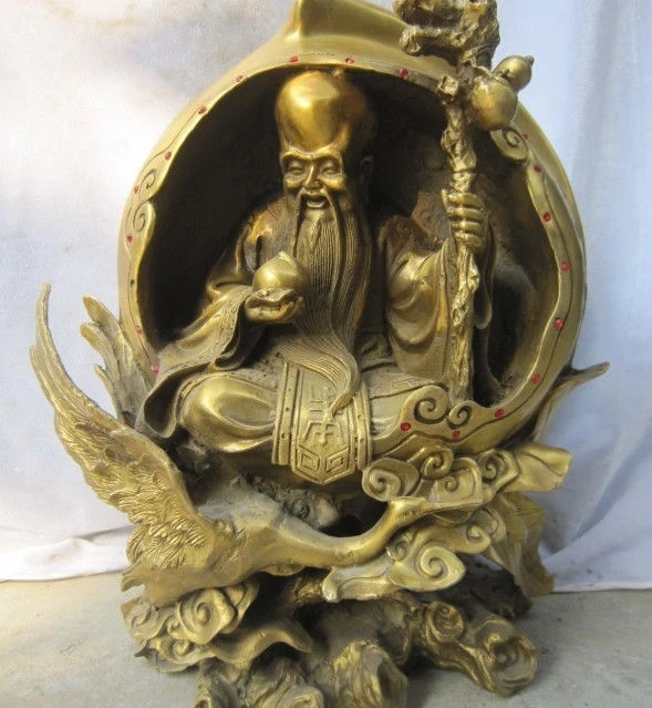 

14" Chinese Bronze Shouxing Star God Of Longevity Peach On Crane Tree States
