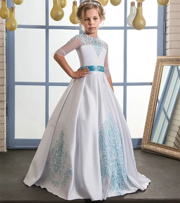 

New Lace Flower Girl Dresses Beading Bow Belt O-neck Ball Gown Half Sleeves Formal First Communion Gowns Vestidos
