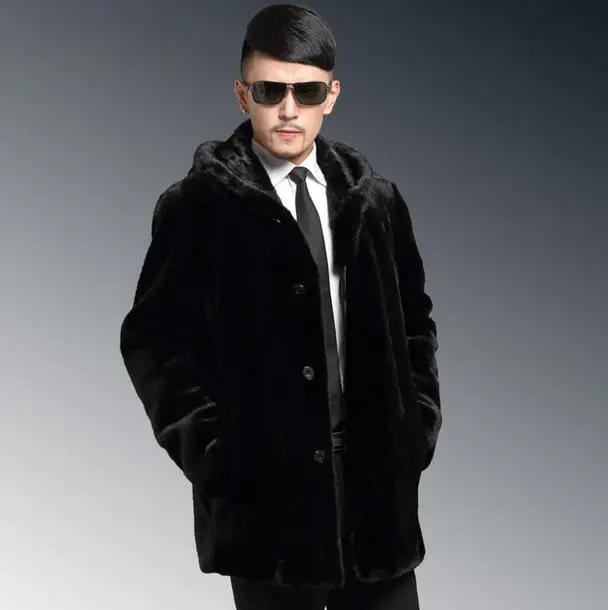 

Black Hooded warm Fur collar Faux mink fur coat mens leather jacket men overcoat Villus autumn winter thermal outerwear S - 4XL