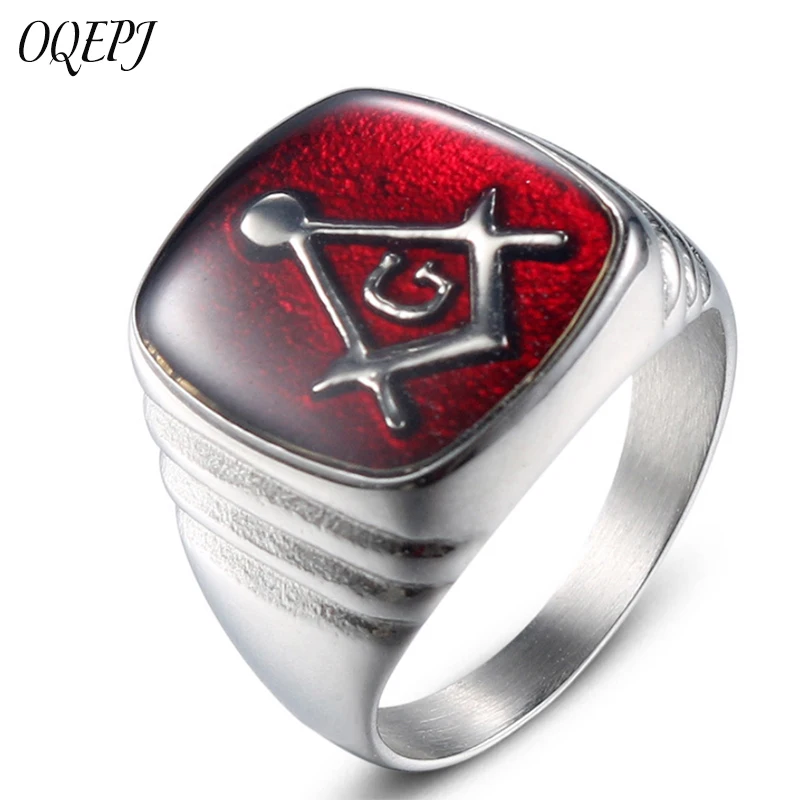 

OQEPJ Fashion Red Enamel Masonic Symbol Rings 316L Stainless Steel Gold Silver Color Ring High Quality Men Casting Jewelry