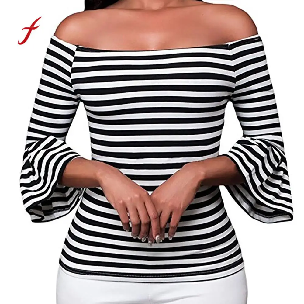 

2018 Newest women clothing sexy cold Off Shoulder slash neck Flared Sleeve Stripe breathable Elasticity confortable Blouse