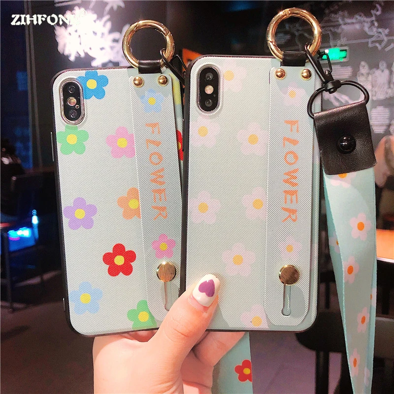 

Fundas Flowers Holder for iphone 6 6s 7 8 Plus Case On Wristband Lanyard Fresh Cute For iphone XS X XR XS Max Cases Cover Coque