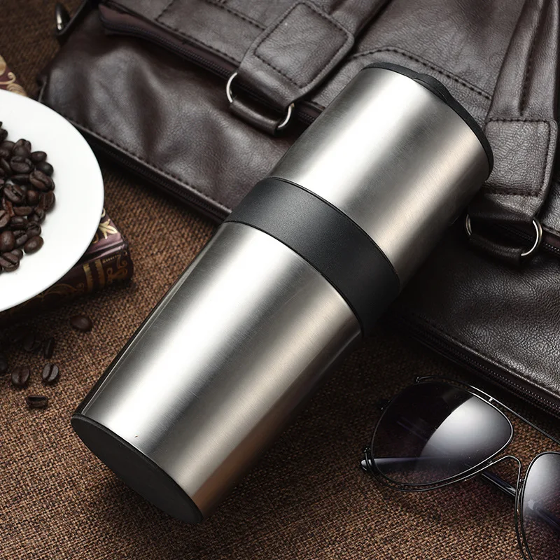 Портативная многофункциональная кофемашина из нержавеющей стали 400 мл, Вакуумная чашка, ручная кофемолка - Цвет: Темно-серый