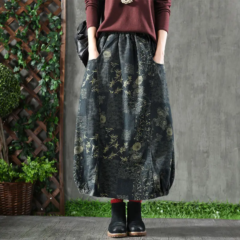 

F&je New Arrival Spring Women Skirt Plus Size High Waist Denim Vintage Print Maxi Skirt Femme 100% Cotton Loose Long Skirt D18