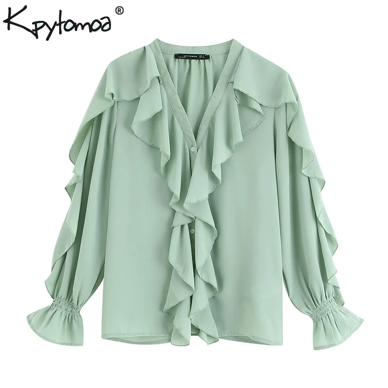 Online Vintage Flowy Rüschen Chiffon Stilvolle Tops Frauen Blusen 2019 Mode V ausschnitt Langarm Damen Shirts Casual Blusas Mujer