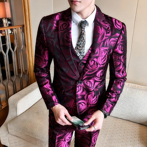 Классические костюмы с цветами для мужчин, большой размер 5XL, приталенный деловой повседневный костюм для молодых мужчин(мужская куртка с жилетом и брюками - Цвет: Hot pink