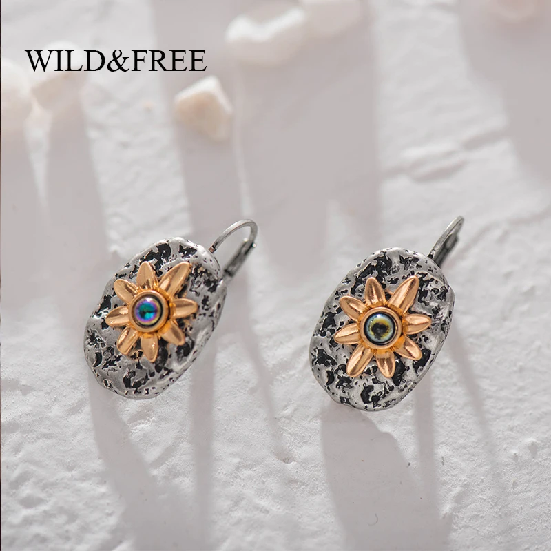 

Wild&Free Vintage Gold Silver Rectangle Geometric Earrings For Women Handmade Statement Sun Flower Dangle Drop Earrings Gift