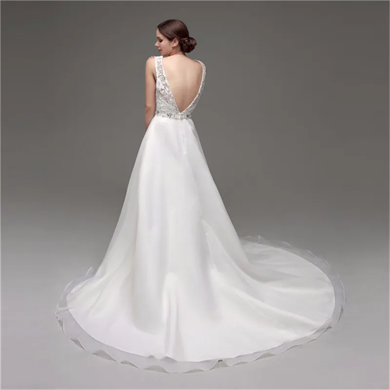 A-line Organza Lace Chapel Train Straps Beaded Deep V Back Wedding Gown