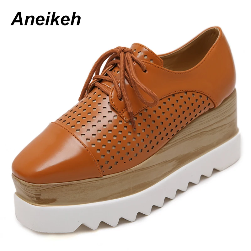 

Aneikeh 2019 PU High Heels Shoes Woman Ankle Wedges Boots Square Toe Lace-Up Platform Booties Cross-tied Lady Solid Brown 39 40