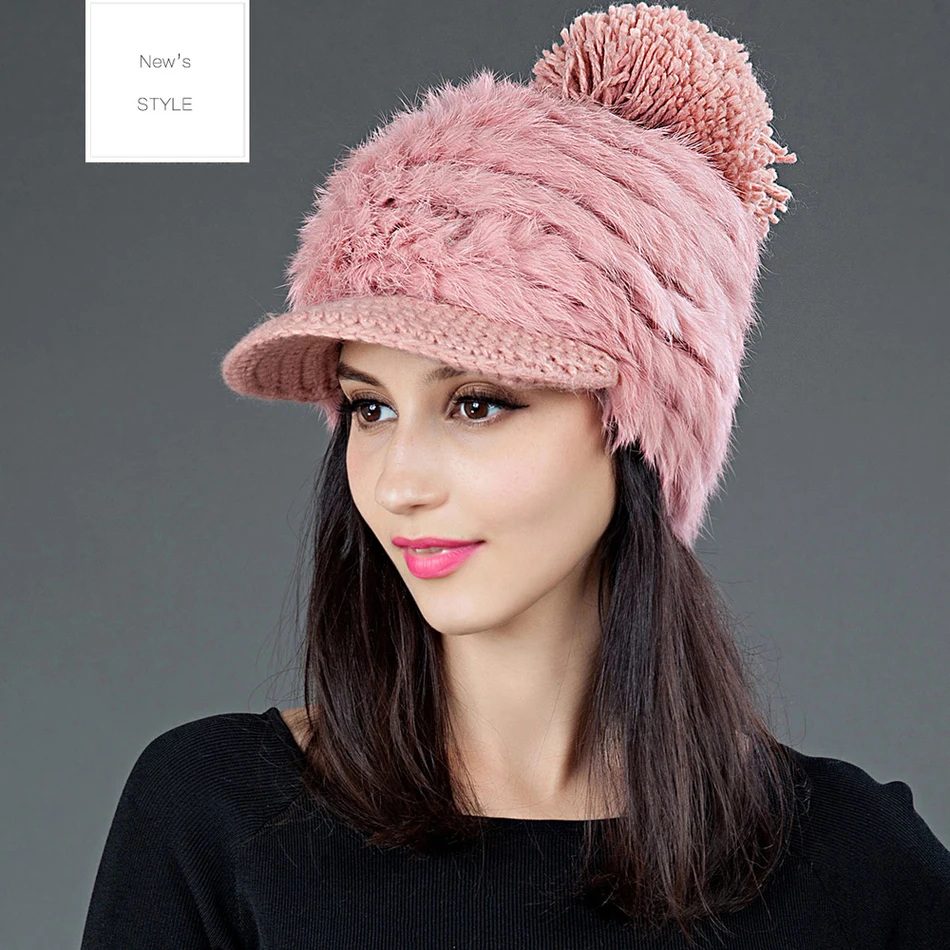 

7 Colors Available Women's Winter Hat Solid Sweet Knitted Cap Large Ball Decoration Korea Style Real Rabbit Fur Fabric YF101304
