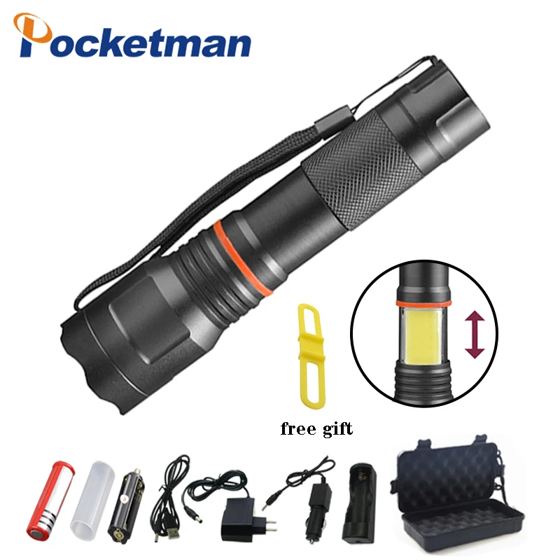 

8000ml LED Flashlight T6+COB lamp Waterproof Aluminum Zoomable Torch light for 18650 Rechargeable Battery or AAA Waterproof
