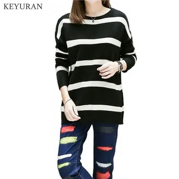 

Plus Size 5XL 4XL 3XL XXL Women Knitting Tops Autumn New Casual Loose Round Neck Striped Stretch Pullovers Knitted Sweate L1413