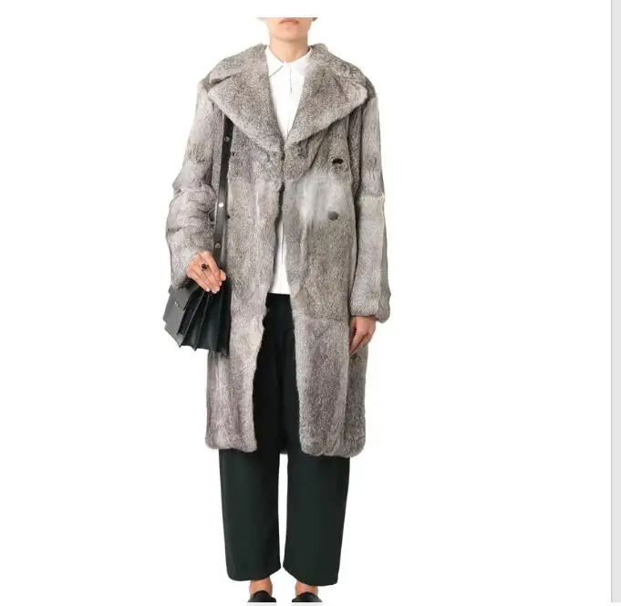 Роскошное натуральное пальто из натурального кроличьего меха с большим воротником из меха серебристой лисы, теплые меховые куртки, пальто из натурального меха - Цвет: 100cm Grey