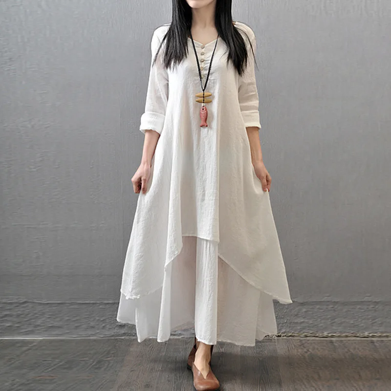 Beste 2018 Plus Size Maxi Zomer Lente Katoen Linnen Elegante Jurk Voor Vrouwen Lange Mouwen Casual Party Jurken Wit Grote Losse jurk