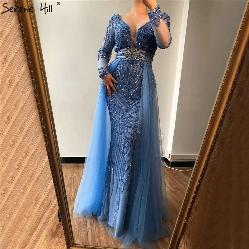 Blue Dubai Luxury Sequined Sparkle Evening Dresses Long Sleeve Beading Evening Gowns Serene Hill Plus Size LA60858