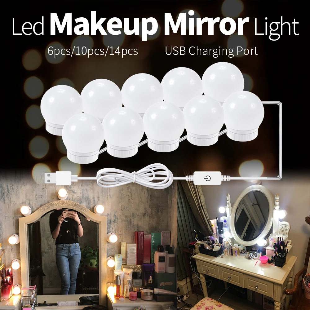 USB LED مصباح مرآة ضوء لالماكياج الجدول 12 V ماكياج مصباح LED هوليوود الحمام الغرور ضوء ستبليس عكس الضوء وحدة إضاءة LED جداريّة مصباح