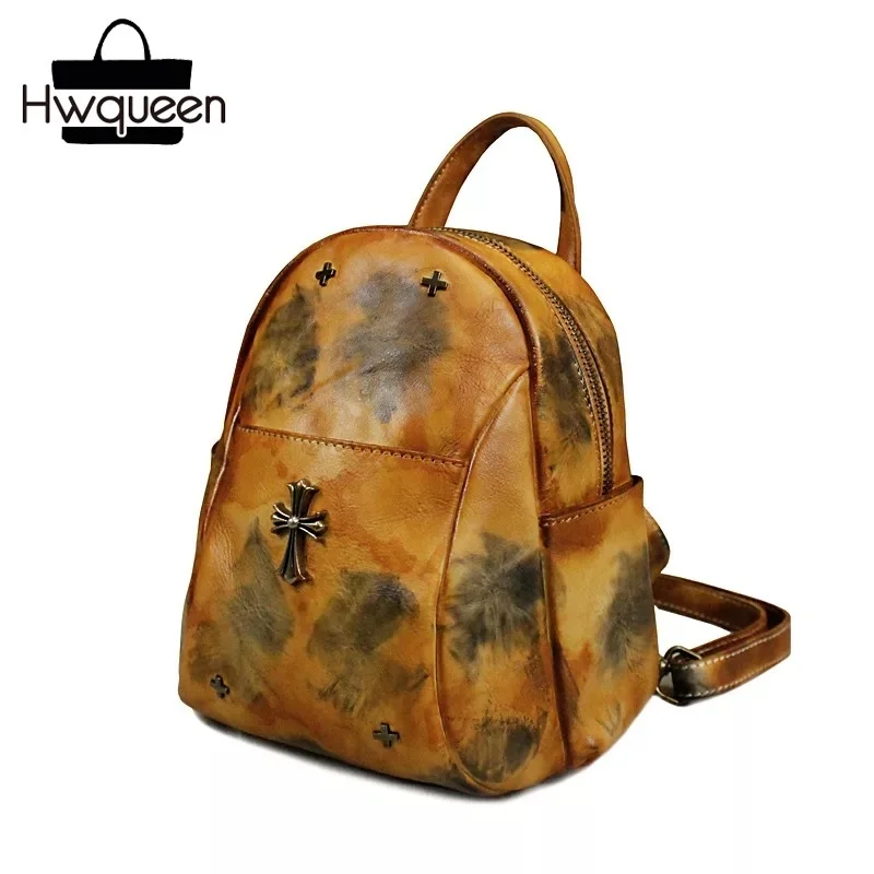 

Cool Punk Designer Genuine Leather Mixing Color Girls Mini Studs Backpack Natural Cowskin Women Ladies Small Street Bag Pack